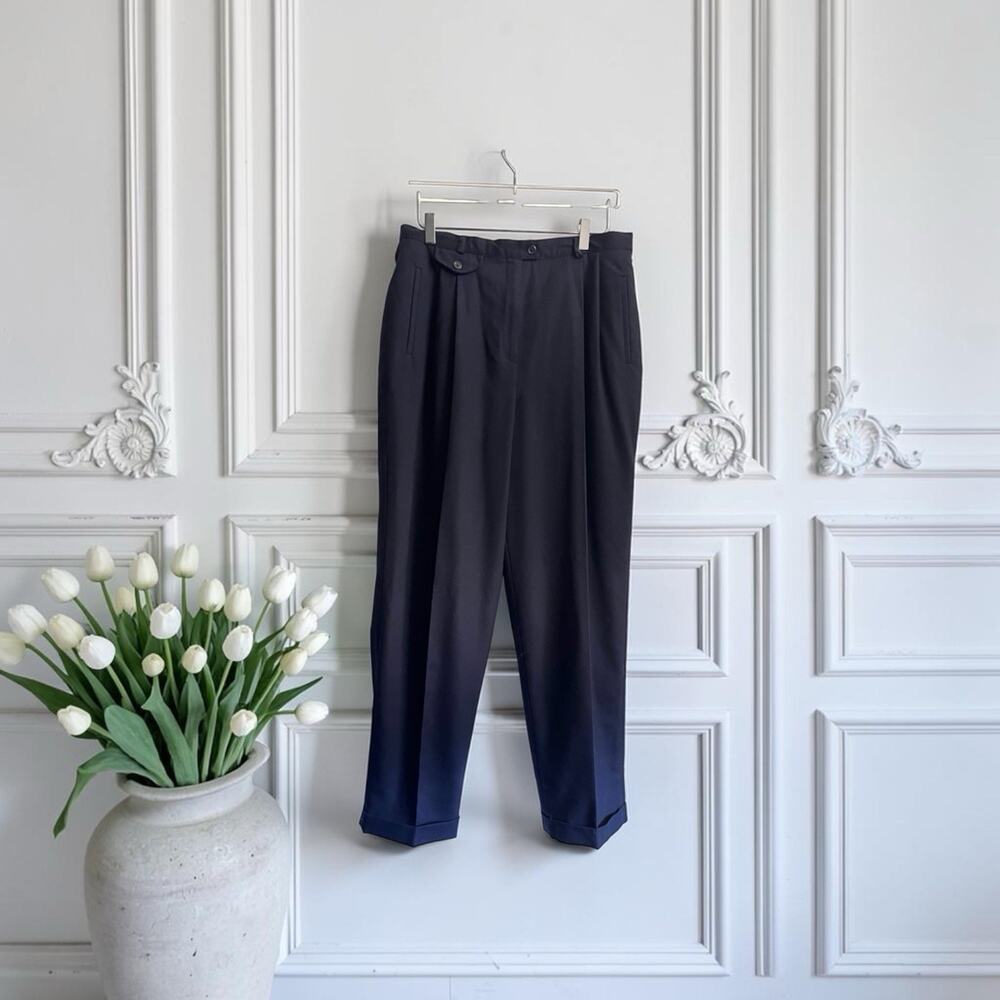 Lauren Ralph Lauren Vintage Wool High-Rise Pleated Trouser Pants Navy Blue Sz 16